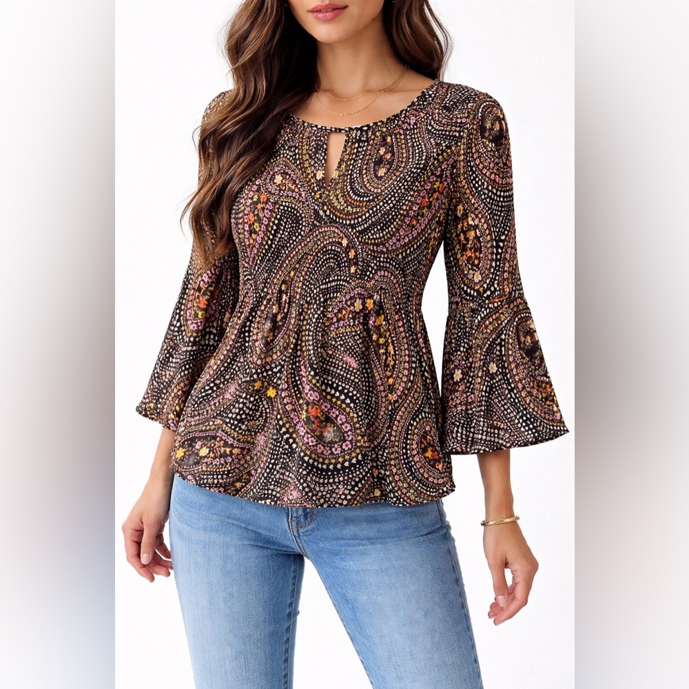 ELLE NWT Black Paisley Boho Blouse Size S Bell Sleeve Keyhole Top